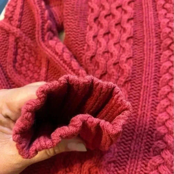 Vintage Eddie Bauer Womens Sweater Cable Knit‎ Red Fisherman Cowl V Neck Sz PS - Picture 5 of 11